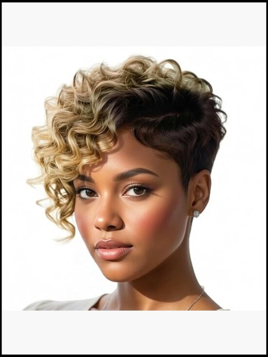 Short Pixie Cut Wig Human Hair Ombre Curly Bob with Side Bangs Glueless Full main image 6